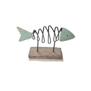 Distressed Coastal Nautical Teal Fish Metal with Wood Base Statue Sculpture
